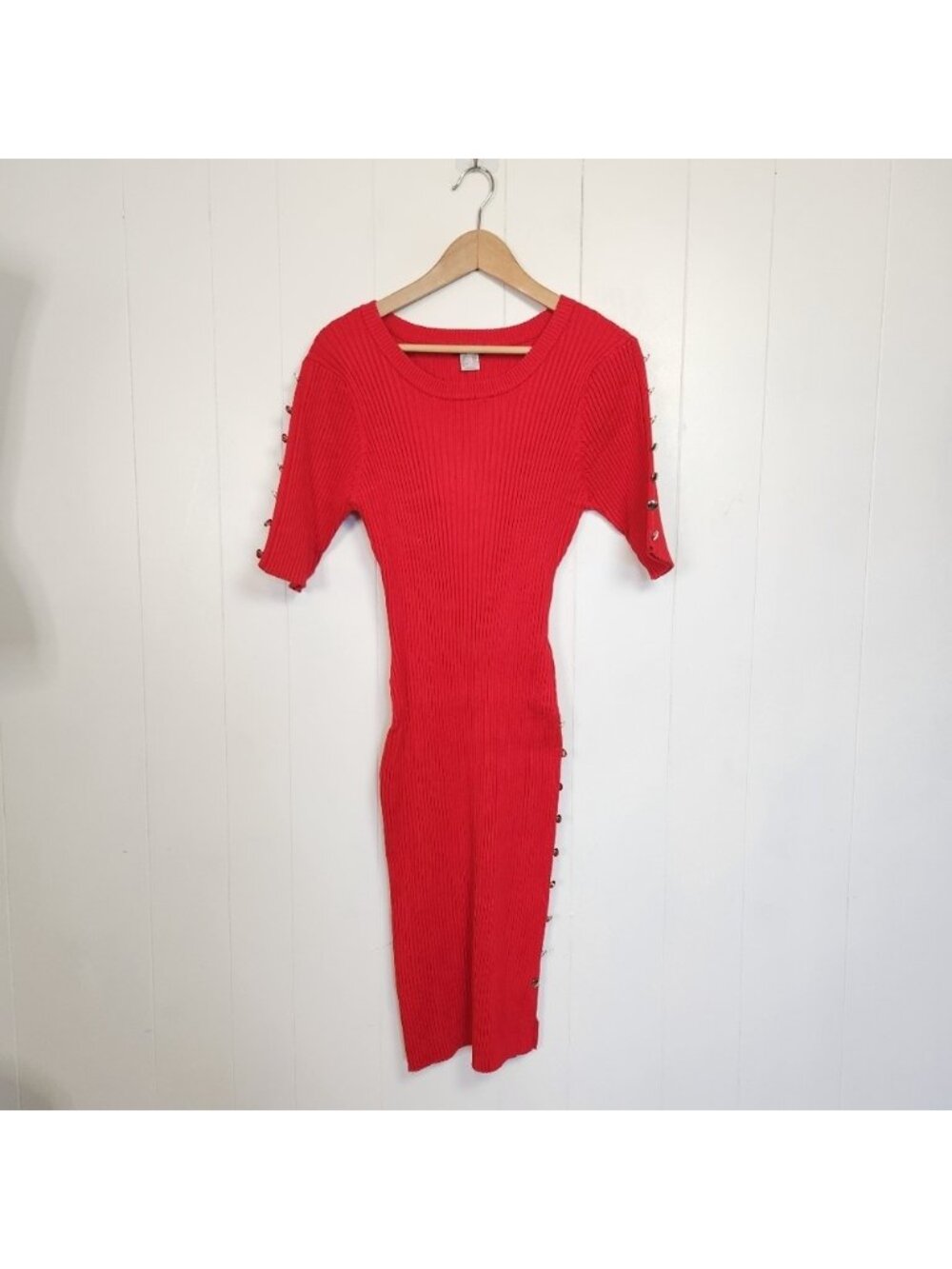 Venus Red Ribbed Stretch Bodycon Knee Length Dress Short Sleeve Size 2X New - Picture 2 of 8